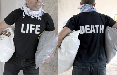 Life/Death t-shirt for escaping refugees by Oded Ezer